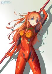 Rule 34 | 1girl, absurdres, arm up, artist name, artist request, blue eyes, bodysuit, breasts, brown hair, eyepatch, hair between eyes, highres, holding, holding clothes, holding weapon, interface headset, lance of longinus (evangelion), long hair, looking at viewer, medium breasts, neon genesis evangelion, pilot suit, plugsuit, polearm, rebuild of evangelion, red bodysuit, red headwear, simple background, smile, solo, souryuu asuka langley, two side up, very long hair, weapon