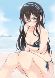 Rule 34 | 10s, 1girl, bikini, black hair, blue eyes, blush, breast hold, breasts, cleavage, glasses, hairband, jiino, kantai collection, long hair, looking at viewer, ooyodo (kancolle), side-tie bikini bottom, sitting, small breasts, smile, solo, swimsuit