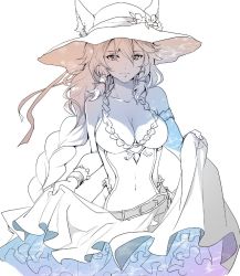 Rule 34 | 1girl, animal ears, braid, breasts, cat ears, cleavage, clothes lift, commentary request, covered navel, cowboy shot, dress, dress lift, ears through headwear, flower, granblue fantasy, hair tubes, hat, hat flower, heles, heles (summer) (granblue fantasy), long braid, long hair, looking at viewer, single braid, smile, solo, spot color, sun hat, white background, white dress, zenroku