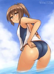 Rule 34 | 10s, 1girl, adjusting clothes, adjusting swimsuit, ass, blush, brown eyes, brown hair, cloud, day, don (29219), dutch angle, from behind, i-401 (kancolle), kantai collection, looking at viewer, looking back, sky, solo, swimsuit, tan, tanline, wading, water