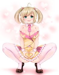 Rule 34 | 10s, 1girl, ahoge, bare shoulders, blonde hair, breasts, cleavage, detached collar, dongdong, full body, green eyes, hair bobbles, hair ornament, heart, heart hands, highres, idolmaster, idolmaster cinderella girls, large breasts, long hair, necktie, no panties, open mouth, pink thighhighs, pleated skirt, sato shin, shoes, skirt, solo, sparkle, spread legs, squatting, thighhighs, twintails