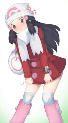Rule 34 | 1girl, akacolor, anger vein, bag, beanie, black hair, blush, boots, buttons, closed mouth, coat, commentary request, creatures (company), dawn (pokemon), duffel bag, eyelashes, game freak, grey eyes, hair ornament, hairclip, hat, highres, leaning, long hair, long sleeves, nintendo, over-kneehighs, pink footwear, pokemon, pokemon dppt, pokemon platinum, red coat, scarf, short coat, sidelocks, solo, thighhighs, white background, white bag, white hat, white scarf