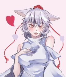 Rule 34 | 1girl, animal ears, bare shoulders, breasts, grey hair, hat, heart, highres, inubashiri momiji, kanaria (bocmn), large breasts, looking at viewer, open mouth, pink background, pom pom (clothes), red eyes, red hat, short hair, simple background, solo, tokin hat, touhou, upper body, wolf ears, wolf girl