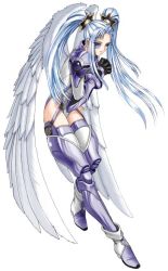 Rule 34 | 1girl, angel, armor, blue hair, boots, mecha musume, ophelia buckingham, purple footwear, short twintails, solo, tempest (game), the war of genesis, thighhighs, tony taka, twintails, warrior, white hair, wings
