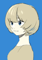 Rule 34 | 1girl, absurdres, blonde hair, blue background, blue eyes, brown shirt, closed mouth, commentary request, hair between eyes, highres, original, shirt, short hair, simple background, solo, turquoise iro, upper body