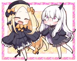 Rule 34 | 2girls, :d, :o, ^ ^, abigail williams (fate), absurdres, black bow, black dress, black footwear, black hat, blonde hair, blue eyes, blush, bow, bug, butterfly, closed eyes, commentary request, dress, fate/grand order, fate (series), hair bow, hat, highres, holding hands, horns, insect, jako (jakoo21), lavinia whateley (fate), long hair, long sleeves, multiple girls, open mouth, orange bow, parted bangs, parted lips, pink eyes, polka dot, polka dot bow, silver hair, single horn, sleeves past fingers, sleeves past wrists, smile, very long hair