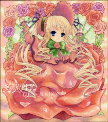 Rule 34 | 1girl, blonde hair, blue eyes, blush, bonnet, bow, bowtie, capelet, commentary request, dress, drill hair, flower, frilled capelet, frilled sleeves, frills, full body, green bow, green bowtie, long hair, long sleeves, looking at viewer, marker (medium), multiple girls, open mouth, pink capelet, pink flower, purple flower, red dress, red flower, rose, rozen maiden, sakurai tamako, sample watermark, shinku, solo, traditional media, twintails, very long hair, watermark