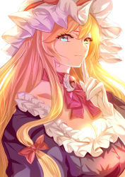 Rule 34 | 1girl, blonde hair, blue eyes, bow, bowtie, breasts, closed mouth, dress, elbow gloves, gem, gloves, hair between eyes, hair bow, hand up, hat, hat bow, heterochromia, jan (lightdragoon), jewelry, light, long hair, looking at viewer, medium breasts, mob cap, pink bow, pink bowtie, pointing, puffy short sleeves, puffy sleeves, purple dress, red bow, shadow, short sleeves, simple background, smile, solo, touhou, upper body, white background, white gloves, white hat, yakumo yukari, yellow eyes