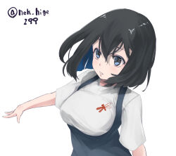 Rule 34 | 1girl, akitsu maru (kancolle), alternate costume, black hair, breasts, commentary request, dragonfly print, dress, gradient sky, grey dress, highres, kantai collection, medium breasts, neko no hige, one-hour drawing challenge, parted lips, pinafore dress, shirt, short hair, sky, sleeveless dress, slit pupils, solo, t-shirt, twitter username, upper body, white shirt
