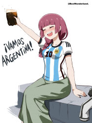 Rule 34 | 1girl, 2022 fifa world cup, :d, absurdres, alcohol, argentina, argentinian flag, argentinian flag print, beer, black nails, blunt bangs, blush, bocchi the rock!, box wonderland, braid, braided ponytail, breasts, cheering, closed eyes, drunk, fernet with cola, flag print, green skirt, happy, highres, hiroi kikuri, long skirt, medium breasts, open mouth, purple hair, sharp teeth, shirt, short sleeves, simple background, sitting, skirt, smile, solo, spanish commentary, spanish text, sportswear, striped clothes, striped shirt, teeth, translated, twitter username, upper teeth only, vertical-striped clothes, vertical-striped shirt, white background, world cup