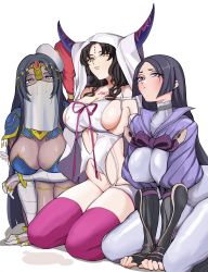 Rule 34 | 3girls, absurdres, arm wrap, armlet, armor, bandaged arm, bandages, bare shoulders, black gloves, black hair, blue armor, bodysuit, bracelet, breastplate, breasts, bridal gauntlets, chest tattoo, circlet, cleavage, collarbone, dark-skinned female, dark skin, dress, elbow gloves, facial mark, fate/extra, fate/extra ccc, fate/grand order, fate (series), fingerless gloves, forehead jewel, forehead mark, gloves, green eyes, hat, highres, horns, japanese armor, jewelry, kneeling, kote, lamsass, large breasts, leaning forward, long hair, long sleeves, looking at viewer, low-tied long hair, minamoto no raikou (fate), mouth veil, multiple girls, navel, parted bangs, pauldrons, pelvic curtain, pink legwear, purple bodysuit, purple eyes, purple hair, ribbed sleeves, ring, rope, scheherazade (fate), sessyoin kiara, shoulder armor, sideboob, tassel, tattoo, thighhighs, thighlet, thighs, thumb ring, veil, very long hair, wavy hair, white dress, wide sleeves, yellow eyes