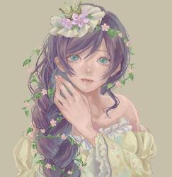 Rule 34 | 1girl, absurdres, adjusting hair, artist name, artist request, bare shoulders, blush, braid, breasts, collarbone, crown, dress, female focus, flower, frilled dress, frilled sleeves, frills, fringe trim, green eyes, hair flower, hair ornament, hair over shoulder, highres, long hair, looking at viewer, love live!, love live! school idol festival, love live! school idol project, medium breasts, mini crown, parted lips, plant, puffy sleeves, purple hair, single braid, small breasts, smile, solo, thighhighs, tojo nozomi, twintails, ukuk, very long hair, vines, zettai ryouiki