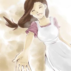 Rule 34 | 1girl, ^ ^, apron, bad id, bad pixiv id, brown hair, closed eyes, dress, closed eyes, fullmetal alchemist, happy, long hair, low-tied long hair, open mouth, outstretched hand, purple dress, smile, solo, srr0804, trisha elric