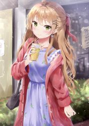Rule 34 | 1girl, aizawa (aizawatsu), antenna hair, arm at side, bag, blonde hair, bush, coat, collarbone, cup, dress, drink, drinking straw, earrings, girls&#039; frontline, green eyes, hair ornament, hair ribbon, hairband, hairclip, handbag, highres, holding, holding cup, jewelry, long hair, looking at viewer, nail polish, outdoors, ponytail, purple dress, red coat, red nails, red ribbon, rfb (girls&#039; frontline), ribbon, ring, sleeveless, sleeveless dress, solo, standing, unbuttoned, wide sleeves