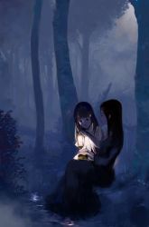 Rule 34 | 2girls, black dress, black hair, blue background, blue theme, dress, forest, highres, kusaka souji, lantern, long hair, multiple girls, nature, night, original, tree