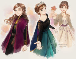 Rule 34 | 2020, 3girls, :d, anna (frozen), arm at side, arms at sides, autumn leaves, beige background, beige dress, belt, black shirt, braid, breasts, brown hair, cape, capelet, commentary, curly hair, dated, dress, earrings, english commentary, floating hair, freckles, frozen (disney), frozen ii (disney), gradient background, green dress, green eyes, grey background, hair bun, happy, holding, holding leaf, jacket, jewelry, leaf, light particles, light smile, long hair, long sleeves, looking away, medium breasts, multicolored background, multiple girls, multiple persona, open clothes, open jacket, open mouth, orange background, outstretched hand, purple background, purple cape, shirt, signature, simple background, single hair bun, sketch, smile, teeth, tiara, upper teeth only, watermark, web address, zelda c wang