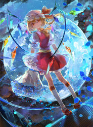 Rule 34 | 1girl, blonde hair, blouse, blue flower, blue rose, bouquet, dutch angle, flandre scarlet, flower, full body, full moon, hat, highres, mob cap, moon, petals, red eyes, rose, shirt, short hair, side ponytail, solo, touhou, vima, white hat, white shirt, wings
