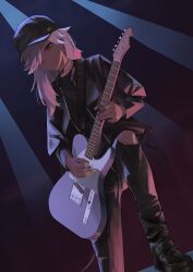 Rule 34 | 1boy, absurdres, alternate costume, baseball cap, black footwear, black hat, black pants, black shirt, collar, cyno (genshin impact), dark-skinned male, dark skin, genshin impact, guitar, hair over one eye, hat, highres, holding, holding instrument, instrument, jacket, long hair, long sleeves, male focus, music, nium 404, open clothes, open jacket, pants, playing instrument, shirt, simple background, solo, torn clothes, torn pants, white hair