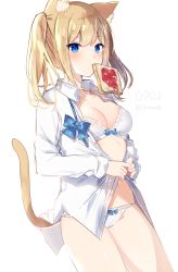 Rule 34 | 1girl, animal ears, bad id, bad pixiv id, blonde hair, blue eyes, blush, bow, bow bra, bow panties, bowtie, bra, bread slice, breasts, cat ears, cat girl, cat tail, cleavage, commentary request, food, food in mouth, hair between eyes, highres, mafuyu (chibi21), medium breasts, mouth hold, open clothes, open shirt, original, panties, shirt, sidelocks, solo, standing, tail, toast, toast in mouth, twintails, twitter username, underwear, white bra, white panties, white shirt