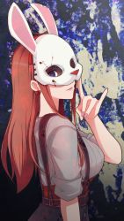 Rule 34 | .live, 1girl, blood on mask, bow, bow earrings, breasts, dead by daylight, earrings, fox shadow puppet, from side, hairband, hand up, highres, jewelry, kakyouin chieri, large breasts, long hair, looking at viewer, looking back, mask, orange hair, parted lips, purple eyes, rabbit mask, shaded face, skirt, sleeves rolled up, smile, solo, suspender skirt, suspenders, symbol-shaped pupils, tonogai yoshiki, underbust, virtual youtuber