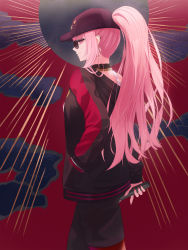 Rule 34 | 1girl, baseball cap, black choker, black hat, black jacket, black pants, blunt bangs, choker, closed mouth, earrings, from behind, from side, hand in pocket, hat, highres, holding, holding microphone, hololive, hololive english, hoop earrings, jacket, jewelry, lace, lace choker, long hair, long sleeves, looking at viewer, microphone, mori calliope, mori calliope (streetwear), multicolored clothes, multicolored jacket, muwon, official alternate hairstyle, pants, pink eyes, pink hair, ponytail, red jacket, sidelocks, solo, straight hair, sunglasses, sweatpants, track jacket, track suit, two-tone jacket, virtual youtuber
