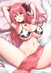 Rule 34 | 1girl, animal print, arms behind head, bell, blush, bottomless, breasts, choker, cleavage, cow print, curled horns, demon girl, demon horns, demon tail, greem bang, highres, horns, huge breasts, io (princess connect!), large breasts, long hair, looking at viewer, lying, navel, neck bell, on back, open mouth, pink hair, princess connect!, red eyes, solo, spread legs, stomach, sweat, swimsuit, tail, thighs, towel