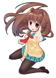 Rule 34 | 1girl, absurdres, ahoge, between legs, black pantyhose, blush, breasts, brown eyes, brown footwear, brown hair, commentary request, eyes visible through hair, fang, full body, green sailor collar, green skirt, hair intakes, hand between legs, highres, huge ahoge, index finger raised, kantai collection, ko yu, kuma (kancolle), loafers, long hair, long sleeves, looking at viewer, medium breasts, miniskirt, neckerchief, open mouth, outstretched arm, pantyhose, pleated skirt, raised eyebrows, red neckerchief, sailor collar, school uniform, serafuku, shirt, shoe soles, shoes, sitting, skirt, solo, wariza, yellow shirt