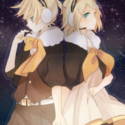 Rule 34 | 1boy, 1girl, back-to-back, belt, blonde hair, blue eyes, brother and sister, cropped jacket, dress, earmuffs, gemini (vocaloid), hair ornament, hairclip, holding hands, headset, hetero, kagamine len, kagamine rin, project diva, project diva (series), project diva 2nd, short hair, siblings, tama (songe), twins, vocaloid