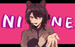 Rule 34 | 1girl, animal ears, black dress, brown hair, chinese commentary, commentary request, dog ears, dress, ear piercing, english text, fangs, hand on own chest, headset, heterochromia, highres, inui toko, jewelry, letterboxed, lingyi, medium hair, necklace, nijisanji, open mouth, piercing, pink background, reaching, reaching towards viewer, red eyes, see-through, see-through sleeves, simple background, solo, sweatdrop, upper body, virtual youtuber, yellow eyes