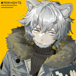 Rule 34 | 1boy, absurdres, animal ear fluff, animal ears, arknights, bear ears, black sweater, book, closed mouth, commentary request, copyright name, expressionless, five-fall, fur-trimmed jacket, fur trim, grey eyes, grey hair, grey jacket, highres, holding, holding book, jacket, jaye (arknights), male focus, mask, mouth mask, ribbed sweater, short hair, simple background, solo, sweater, turtleneck, turtleneck sweater, upper body, yellow background