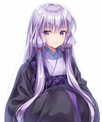 Rule 34 | 1girl, akinomiya asuka, beads, commentary request, hair beads, hair ornament, highres, hollow song of birds, japanese clothes, kimono, long hair, original, purple eyes, purple hair, purple kimono, simple background, sleeves past fingers, sleeves past wrists, smile, solo, tokujakubou shiran, touhou, upper body, white background