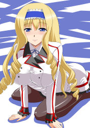 Rule 34 | 10s, 1girl, blonde hair, blue eyes, breasts, cecilia alcott, curly hair, drill hair, female focus, hair ribbon, infinite stratos, large breasts, long hair, pantyhose, ribbon, school uniform, smile, solo, zerosu (take out)