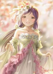 Rule 34 | 1girl, bad id, bad pixiv id, bare shoulders, blurry, blurry background, breasts, collarbone, dress, flower, frilled dress, frills, green eyes, hair flower, hair ornament, highres, light smile, long hair, looking at viewer, love live!, love live! school idol festival, love live! school idol project, medium breasts, megumi cv, open mouth, purple hair, smile, strapless, strapless dress, teeth, tojo nozomi, upper teeth only
