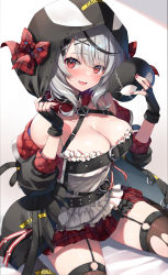 Rule 34 | 1girl, :d, black collar, black gloves, black hair, black jacket, blush, bow, braid, breasts, brown thighhighs, cleavage, collar, commentary, fingerless gloves, garter straps, gloves, hair ornament, highres, holding, holding mask, hololive, hood, hood up, jacket, large breasts, long sleeves, looking at viewer, mask, unworn mask, miniskirt, multicolored hair, nail polish, off shoulder, open clothes, open jacket, open mouth, plaid, plaid bow, plaid skirt, red bow, red eyes, red nails, red skirt, sakamata chloe, sakamata chloe (1st costume), shirt, short hair, silver hair, simple background, sitting, skirt, smile, solo, streaked hair, thighhighs, tomose shunsaku, torn clothes, torn thighhighs, virtual youtuber, wariza, white shirt, x hair ornament