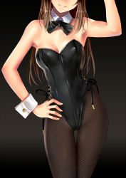 Rule 34 | 1girl, bare shoulders, black pantyhose, bow, bowtie, breasts, brown hair, cleavage, contrapposto, detached collar, fishnet pantyhose, fishnets, hand on own hip, head out of frame, katahira masashi, leotard, long hair, original, pantyhose, playboy bunny, smile, solo, standing, thigh gap, wrist cuffs
