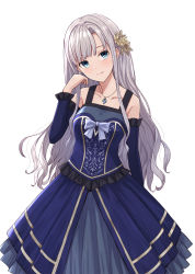 Rule 34 | 1girl, bare shoulders, blue bow, blue dress, blue eyes, blue sleeves, blush, bow, breasts, brown flower, closed mouth, detached sleeves, dress, flower, frilled dress, frills, grey hair, hair flower, hair ornament, hand up, head tilt, highres, long hair, medium breasts, original, pleated dress, simple background, sleeveless, sleeveless dress, solo, very long hair, white background, yahiro (epicopeiidae)