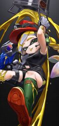 Rule 34 | 1girl, :p, arm up, black background, black shirt, black shorts, blonde hair, boots, braid, breasts, colored tongue, commentary request, duct tape, e-liter 4k (splatoon), gloves, gradient hair, green eyes, green footwear, green pupils, headlamp, headset, helmet, highres, holding, holding weapon, inkling, inkling girl, inkling player character, korean commentary, long hair, microphone, mining helmet, multicolored hair, nintendo, orange helmet, pointy ears, purple hair, raised eyebrows, rubber boots, salmon run (splatoon), shirt, shorts, single braid, solo, splatoon (series), splatoon 3, tank top, tentacle hair, tongue, tongue out, toon 23, two-tone hair, weapon, white gloves, yellow tongue