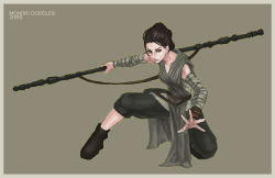 Rule 34 | 1girl, absurdres, ankle boots, arm wrap, black hair, boots, capri pants, completion time, fighting stance, folded ponytail, full body, hair bun, highres, kneeling, monori rogue, on one knee, pants, polearm, rey (star wars), short hair, sleeveless, solo, staff, star wars, star wars: the force awakens, triple bun, weapon