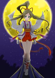 Rule 34 | 1girl, absurdres, brown hair, cosplay request, floating hair, full body, full moon, gloves, green eyes, hair ribbon, high ponytail, highres, japanese clothes, kimono, long hair, long sleeves, looking at viewer, minamino kanade, miniskirt, moon, night, nita (onakatohoppe), outdoors, parted bangs, pleated skirt, precure, red ribbon, red skirt, ribbon, skirt, sky, solo, standing, star (sky), starry sky, suite precure, thigh gap, very long hair, white gloves, white kimono, wide sleeves