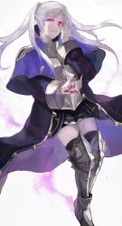Rule 34 | 1girl, aura, bad id, bad twitter id, boots, braid, bright pupils, capelet, dark aura, fingernails, fire emblem, fire emblem awakening, french braid, gimkamres04, grima (fire emblem), highres, long fingernails, long hair, long sleeves, multicolored eyes, nail polish, nintendo, parted lips, pink eyes, red eyes, red nails, robin (female) (fire emblem), robin (fire emblem), sharp fingernails, simple background, slit pupils, smile, smirk, solo, thigh boots, thighhighs, twintails, white background, white hair, wizard