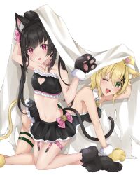 Rule 34 | 2girls, ;d, absurdres, akatsuki kirika, all fours, animal ears, animal hands, arm up, backless dress, backless outfit, black dress, black gloves, black hair, black skirt, blonde hair, bow, breasts, cat ears, cat tail, cleavage cutout, clothing cutout, collar, collarbone, cross, cross necklace, dress, fang, flat chest, fur-trimmed gloves, fur trim, gloves, green eyes, hair ornament, heart cutout, highres, jewelry, kemonomimi mode, kneeling, long hair, medium breasts, medium hair, miniskirt, multiple girls, na na peko, necklace, one eye closed, open mouth, paw gloves, pink bow, pink collar, pleated skirt, red eyes, senki zesshou symphogear, sideboob, skirt, sleeveless, sleeveless dress, smile, strapless, tail, thigh strap, tsukuyomi shirabe, very long hair, white background, x hair ornament