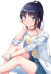 Rule 34 | 1girl, belt, black choker, black hair, blue eyes, blue shorts, blush, bow, breasts, camisole, cellphone, choker, closed mouth, collarbone, dot nose, elbow on knee, from side, hair bow, hair ribbon, hand on own face, highres, holding, holding phone, hood, hood down, hoodie, idolmaster, idolmaster shiny colors, jadeqilin, kazano hiori, knees up, long hair, long sleeves, looking at viewer, mole, mole under mouth, open clothes, open hoodie, phone, ponytail, ribbon, shorts, simple background, sitting, small breasts, smartphone, smile, solo, striped camisole, watch, white background, white belt, white hoodie, white ribbon, wristwatch, yellow camisole