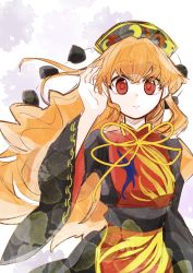Rule 34 | 1girl, belt, black belt, black dress, black hat, black sleeves, chinese clothes, closed mouth, crescent, dress, hair between eyes, hand up, hat, highres, junko (touhou), long hair, long sleeves, looking at viewer, orange hair, pom pom (clothes), red eyes, smile, solo, tama (hiroshige 36), touhou, yellow neckwear