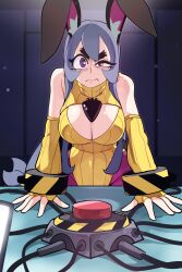 Rule 34 | 1girl, absurdres, animal ears, bongfill, breasts, carrot, cleavage, cleavage cutout, clothing cutout, commentary, detached sleeves, diagonal stripes, english commentary, frown, grey hair, half-closed eye, highres, large breasts, leotard, long hair, original, playboy bunny, purple eyes, rabbit ears, rabbit girl, red button, ribbed sleeves, solo, striped, tank (bongfill), thick eyebrows, upper body, v-shaped eyebrows, wavy mouth