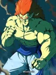 Rule 34 | 1boy, absurdres, blue eyes, bojack, clenched hands, colored skin, dragon ball, dragonball z, earrings, fighting stance, green skin, highres, horang4628, jewelry, korean commentary, long hair, looking at viewer, male focus, muscular, muscular male, pants, pointy ears, red hair, scar, scar on chest, smile, solo, topless male