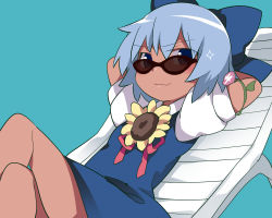 Rule 34 | &gt;:3, 1girl, :3, arms behind head, arms up, bespectacled, blue background, blue bow, blue dress, blue eyes, blue hair, bow, cirno, closed mouth, commentary request, crossed legs, deck chair, dress, flower, glasses, hair bow, hammer (sunset beach), hidden star in four seasons, looking at viewer, looking over eyewear, md5 mismatch, puffy short sleeves, puffy sleeves, short hair, short sleeves, simple background, smile, smug, solo, sparkle, sunflower, sunglasses, tan, tanned cirno, touhou, v-shaped eyebrows