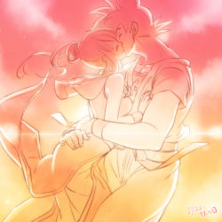 Rule 34 | 1boy, 1girl, bakusou k, chi-chi (dragon ball), couple, dated, dougi, dragon ball, dragonball z, closed eyes, hands on another&#039;s chest, hetero, hug, kiss, lowres, short hair, smile, son goku, translation request, wristband