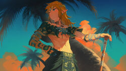 Rule 34 | 1boy, absurdres, bishounen, blonde hair, charged set (zelda), evening, hand on own hip, highres, jiangyiting17, link, looking to the side, medium hair, navel, nintendo, one eye closed, palm tree, pointy ears, shade, solo, stomach, the legend of zelda, the legend of zelda: tears of the kingdom, tiara, tree, upper body