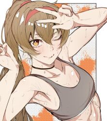 Rule 34 | 1girl, blush, brown hair, flat chest, headband, highres, library of ruina, long hair, looking at viewer, malkuth (project moon), nb8c, one eye closed, project moon, smile, solo, sports bra, sweat, v, yellow eyes