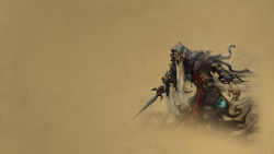 Rule 34 | 1boy, demon, gradient background, heroes of newerth, highres, male focus, sand, skull, solo, sword, torn clothes, torn sleeves, wallpaper, weapon